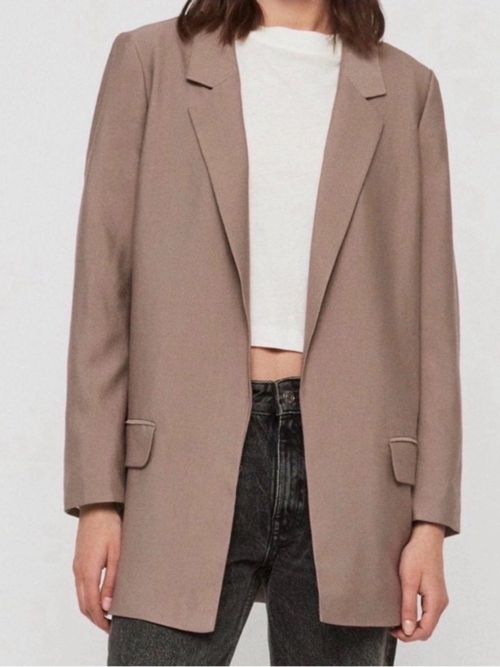 AllSaints Aleida Open-Front Blazer - Fawn Brown - Size 4 Taupe business casual